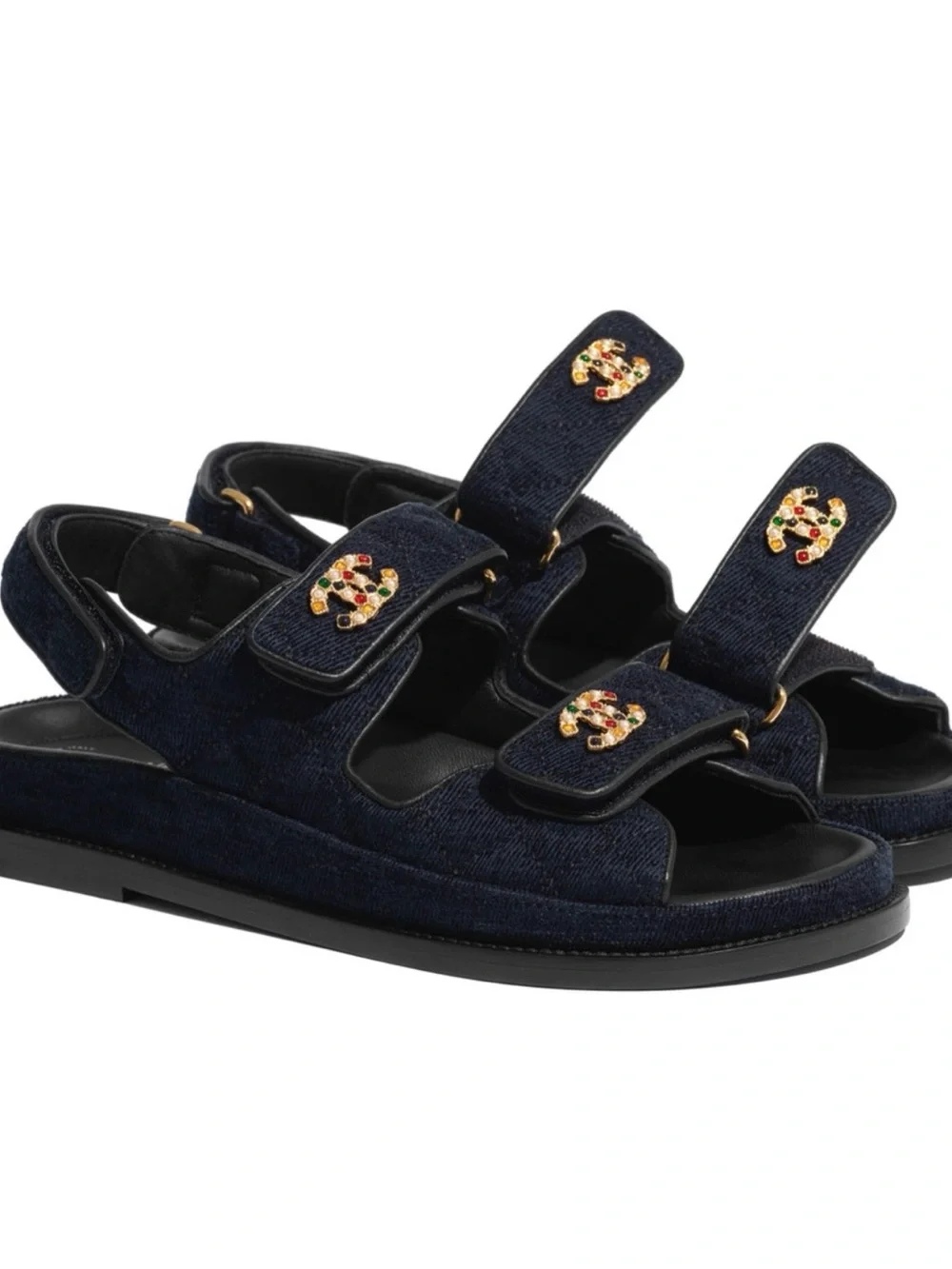 CHANEL Navy Denim CC Logo Velcro Sandals
